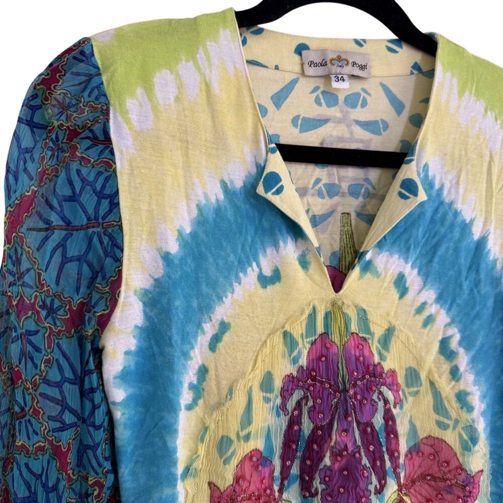 Paola Poggi Italy Womens Y2K Beaded Floral Print Sheer Long Sleeve Top Size 34 - Picture 5 of 7
